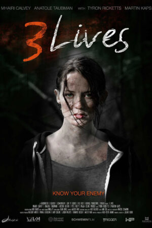 Sinemaku21 – Poster film 3 Lives (2019), thriller survival tentang wanita yang melarikan diri dari penculikan dan menghadapi pelaku masa lalunya di tengah hutan.